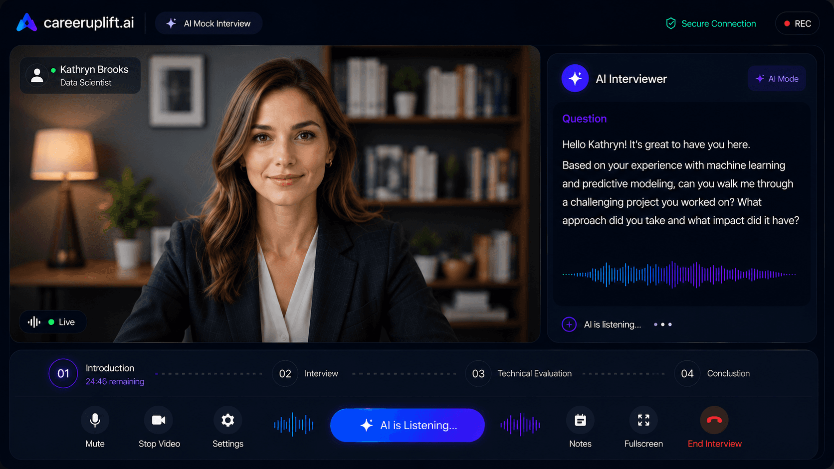 A live CareerUplift AI interview session — the AI interviewer asks role-specific questions and evaluates answers in real time